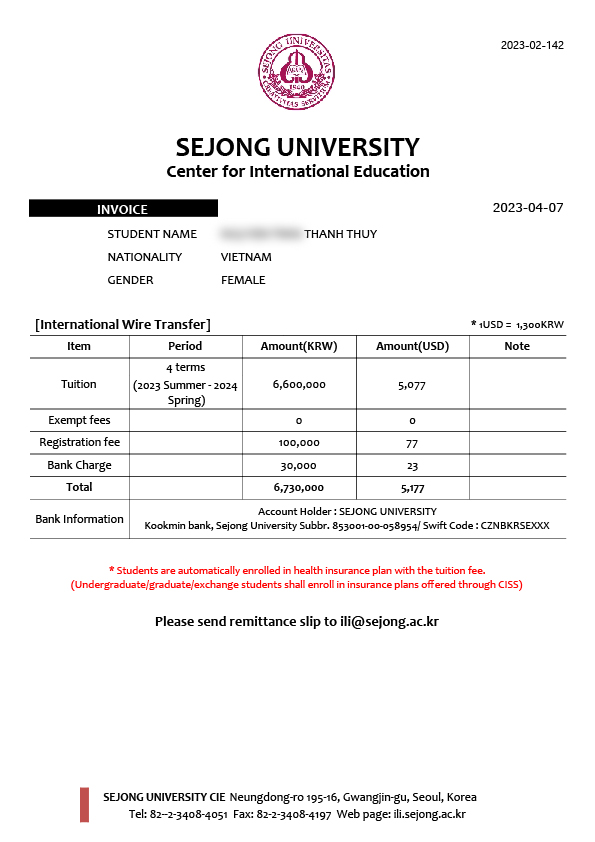 INVOICE TRƯỜNG SEJONG